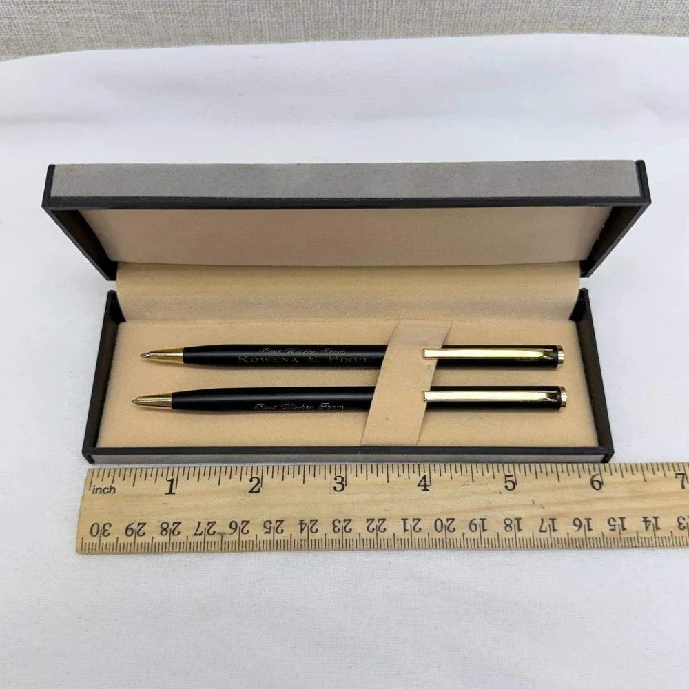 Vintage Personalized Matte Black & Gold Pen and Pencil Set with Case Taiwan